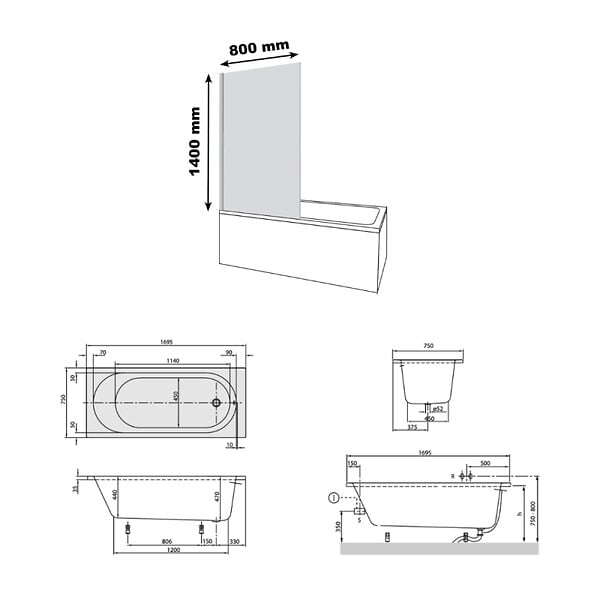 VILLEROY ET BOCH - Baignoire droite O.novo 170 x 75 cm Blanc + Pare Bain gauche AURYS Raywall noir mat - large