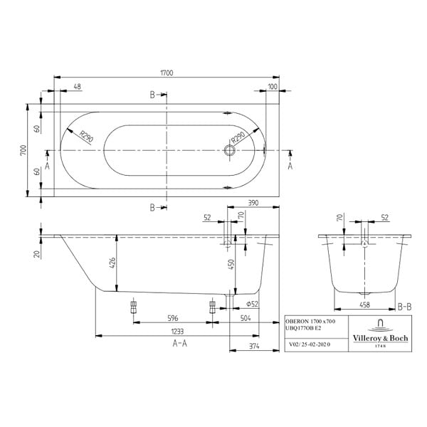 VILLEROY ET BOCH - Baignoire droite  Oberon quaryl 170 x 70 cm  + Pare bain droite AURYS Raywall Noir mat - large