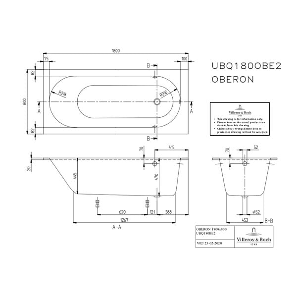 VILLEROY ET BOCH - Baignoire droite  Oberon quaryl 180 x 80 cm  + Pare bain droite AURYS Raywall Noir mat - large