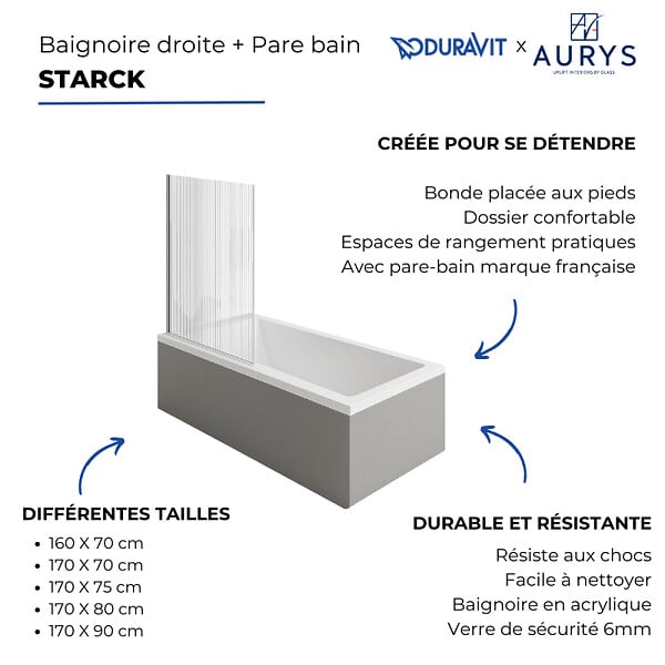 DURAVIT - Baignoire droite 160 X 70 Starck + Pare bain AURYS Raywall noir mat version gauche - large