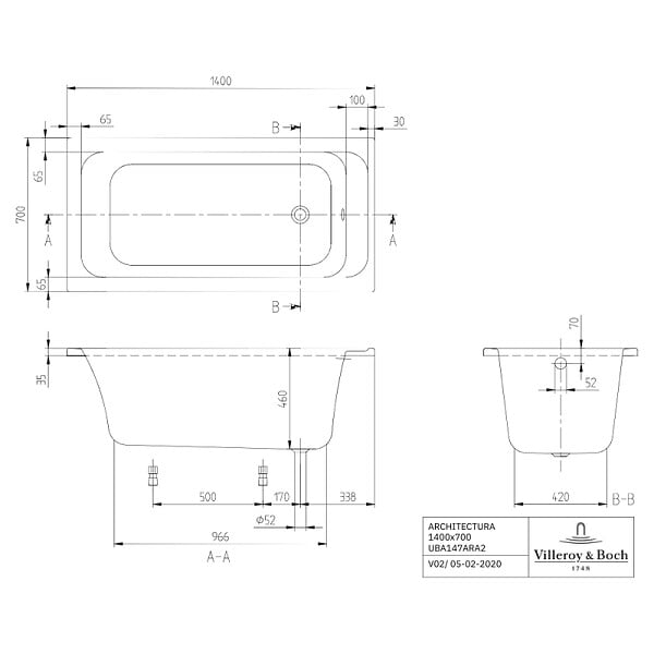 VILLEROY ET BOCH - Baignoire droite Architectura avec pieds acrylique 140 x 70 cm  + Pare bain gauche AURYS Raywall Noir mat - large