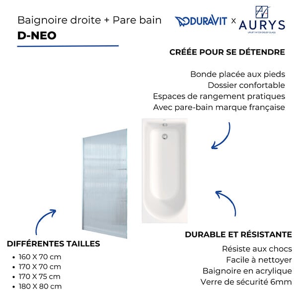 DURAVIT - Baignoire droite 160 X 70 D-Neo + Pare bain AURYS Raywall noir mat version droite - large
