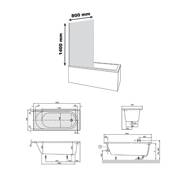 VILLEROY ET BOCH - Baignoire droite O.Novo 170 x 70 cm Blanc + Pare Bain gauche AURYS Raywall noir mat - large