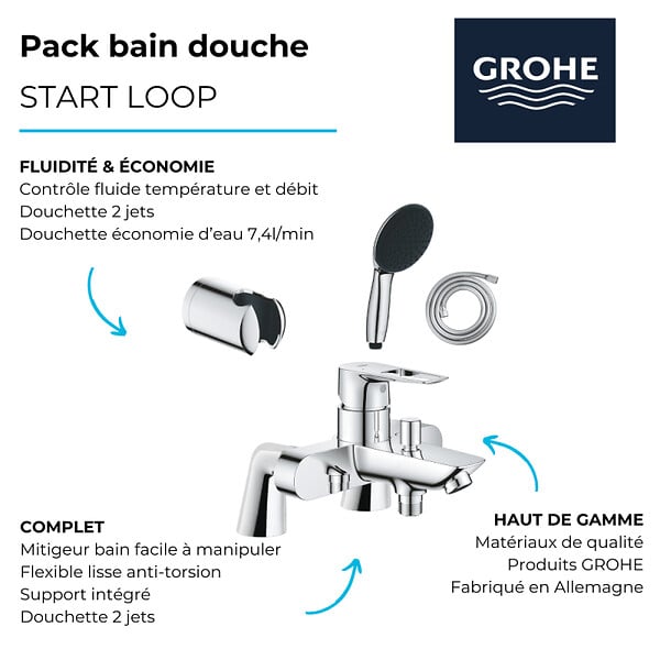GROHE - Pack mitigeur bain douche mécanique Start Loop + douchette ronde  2 jets + flexible + support - large