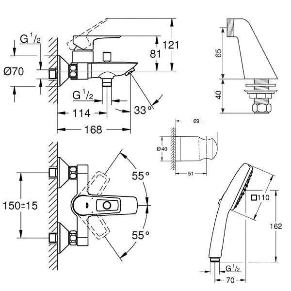 GROHE - Pack mitigeur bain douche mécanique Start Loop + douchette ronde  2 jets + flexible + support - large