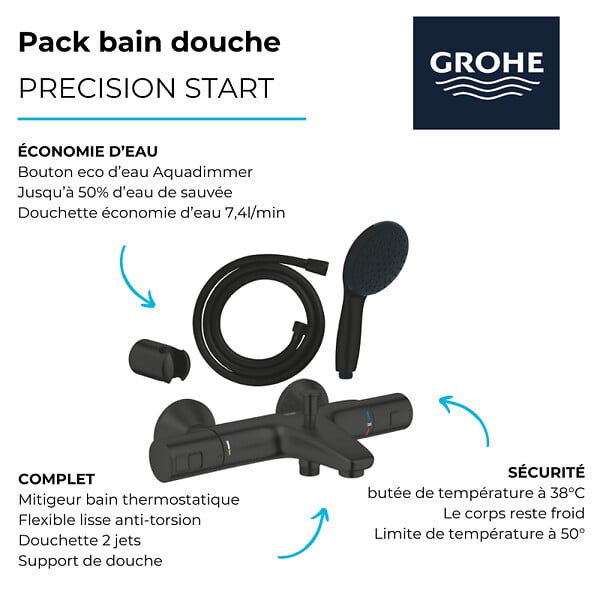 GROHE - Pack mitigeur thermostatique bain douche Precision Start noir mat + Douchette 2 jets Vitalio Start 110 avec flexible et douchette - large