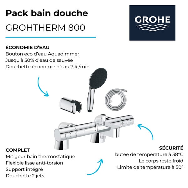 GROHE - Pack mitigeur bain douche thermostatique Grohtherm 800 cosmopolitan + douchette ronde  2 jets + flexible + support - large