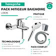 HANSGROHE - Pack mitigeur bain mécanique mural Logis + Pommeau Crometta EcoSmart + Flexible Isiflex + Support Chromé - vignette