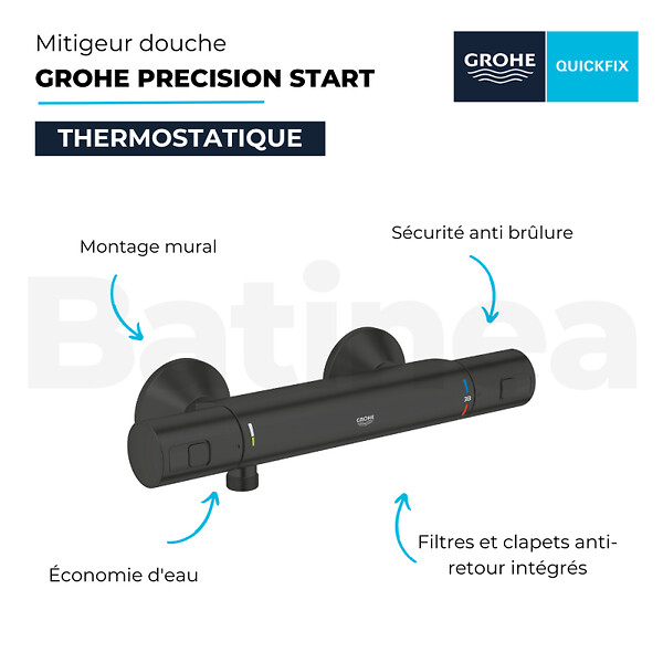 GROHE - Mitigeur douche thermostatique Precision Start + Ensemblede douche avec barre 2 jets + Panier douche - large