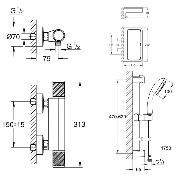GROHE - Mitigeur douche thermostatique Precision Start + Ensemblede douche avec barre 2 jets + Panier douche - large