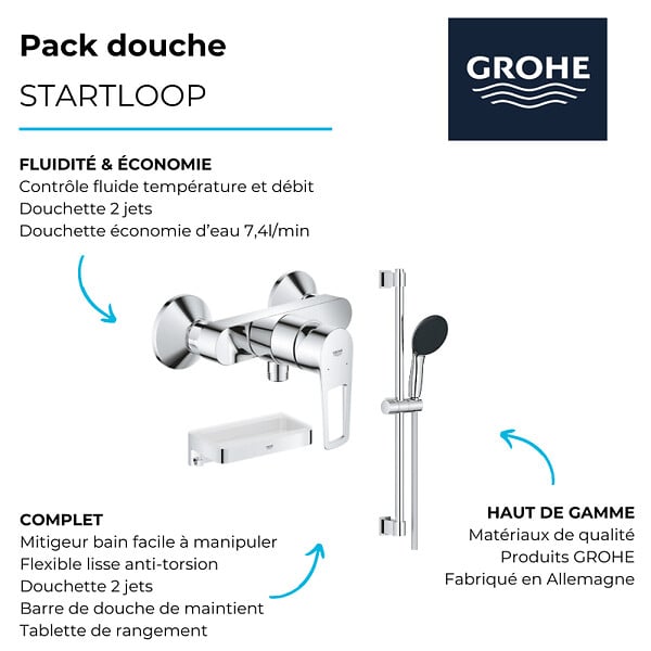 GROHE - Pack mitigeur douche mécanique StartLoop + Ensemble de douche Start 2 jets avec barre + Panier douche - large