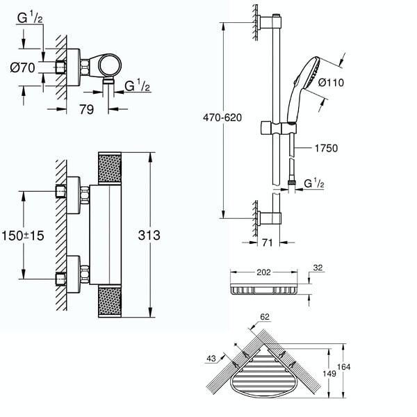 GROHE - Mitigeur douche thermostatique Precision Feel + Ensemble de douche Start 2 jets avec barre + Panier porte-savon - large