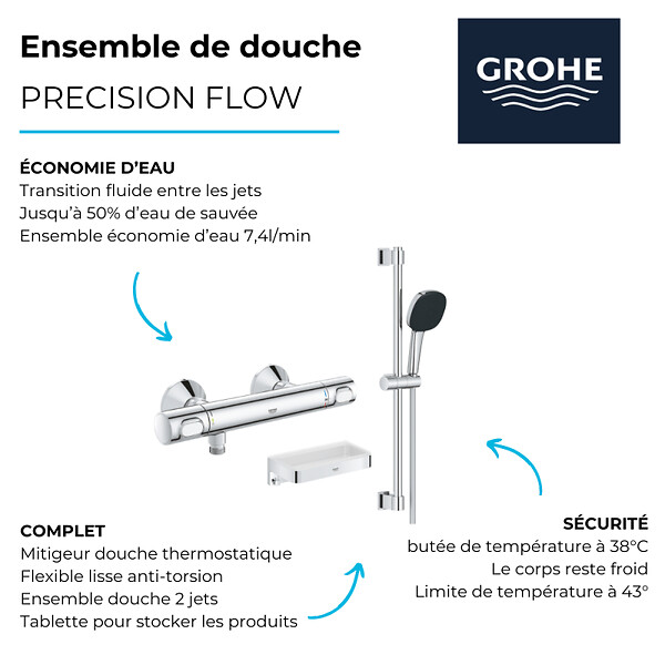 GROHE - Mitigeur douche thermostatique Precision Flow + Ensemble de douche 2 jets avec barre + Panier douche - large