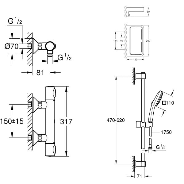 GROHE - Mitigeur douche thermostatique Precision Flow + Ensemble de douche 2 jets avec barre + Panier douche - large