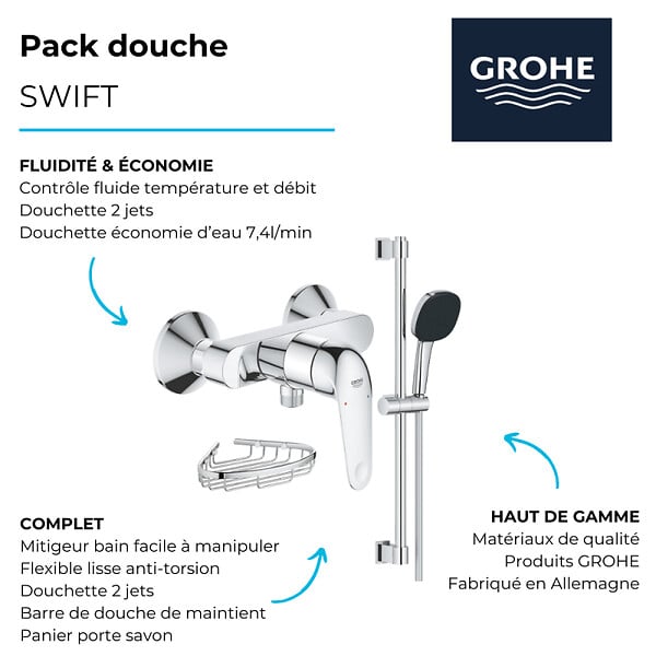 GROHE - Pack douche mécanique Swift 2023 avec ensemble de douhe Vitalio Comfort 110 et panier porte-savon - large