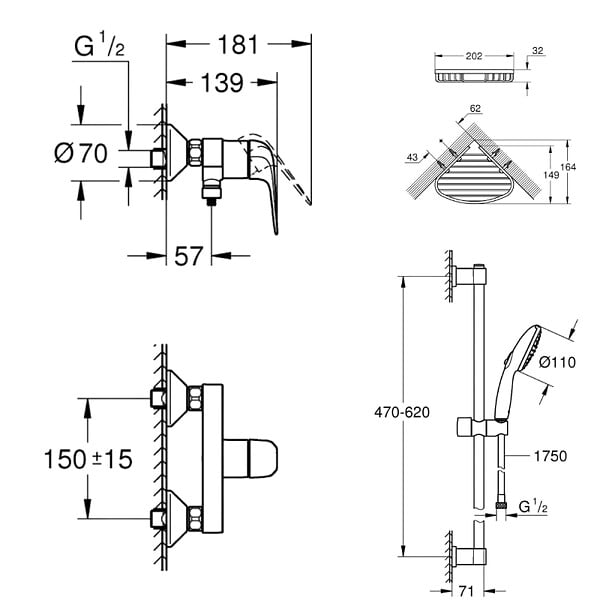 GROHE - Pack douche mécanique Swift 2023 avec ensemble de douhe Vitalio Comfort 110 et panier porte-savon - large