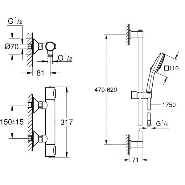 GROHE - Mitigeur douche thermostatique Precision Flow + Ensemble de douche 2 jets avec barre Chromé - large