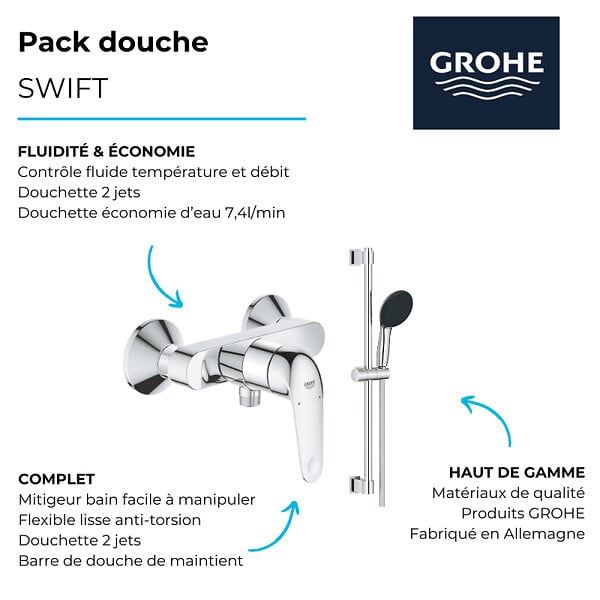 GROHE - Pack mitigeur douche mécanique Swift 2023 + Ensemble de douche 2 jets avec barre Chromé - large