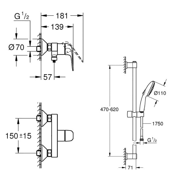 GROHE - Pack mitigeur douche mécanique Swift 2023 + Ensemble de douche 2 jets avec barre Chromé - large