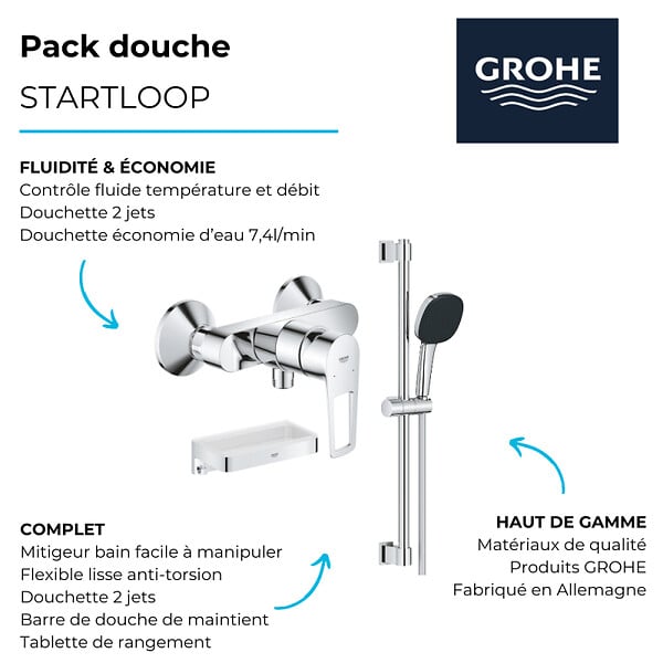 GROHE - Pack mitigeur douche mécanique StartLoop + Ensemble de douche 2 jets avec barre + Panier douche - large