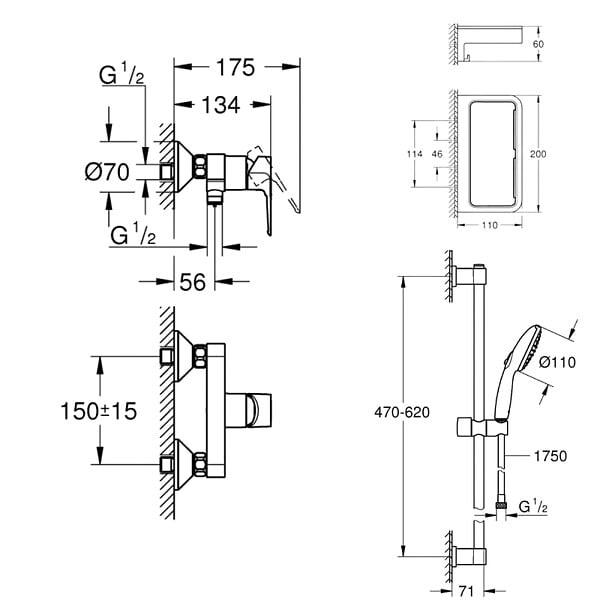 GROHE - Pack mitigeur douche mécanique StartLoop + Ensemble de douche 2 jets avec barre + Panier douche - large