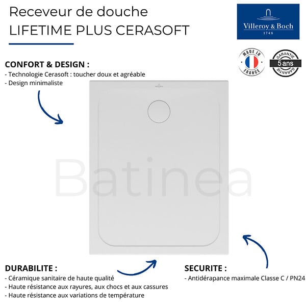 VILLEROY ET BOCH - Receveur de douche antidérapant 100 x 80  Lifetime Plus Cerasoft céramique blanc + Bonde blanc - large