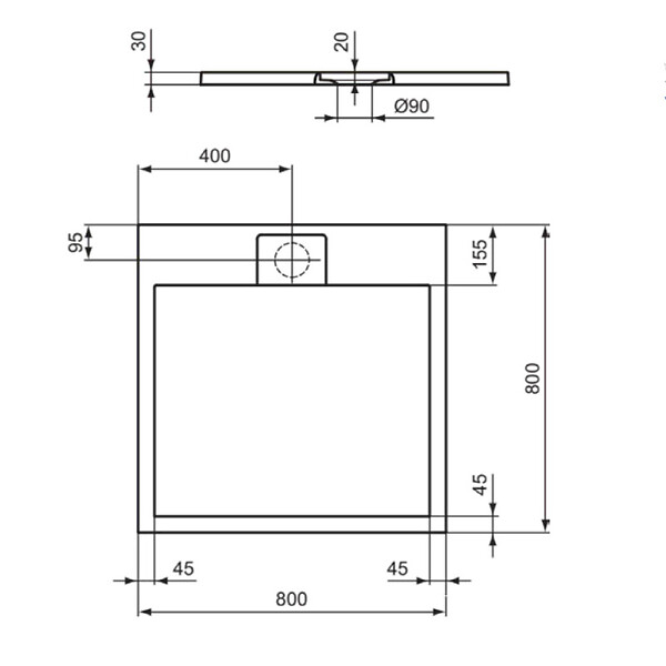 IDEAL STANDARD - Receveur de douche antidérapant Ultra Flat S I.Life recoupable avec bonde longueur 80 x 80 - large