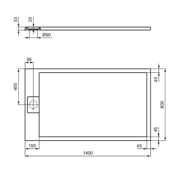 IDEAL STANDARD - Receveur de douche antidérapant Ultra Flat S I.Life recoupable avec bonde largeur 140 x 80 - large