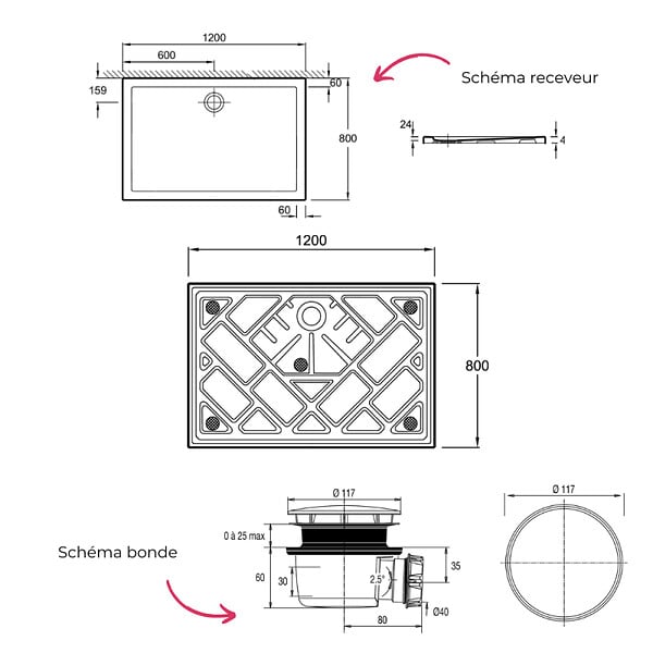 JACOB DELAFON - Receveur de douche 120 x 80 Gaspard extra-plat céramique + Bonde - large