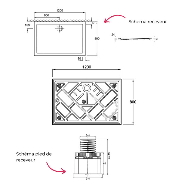 JACOB DELAFON - Receveur de douche 120 x 80 Gaspard extra-plat céramique + Kit de réhausse (5 pieds) - large