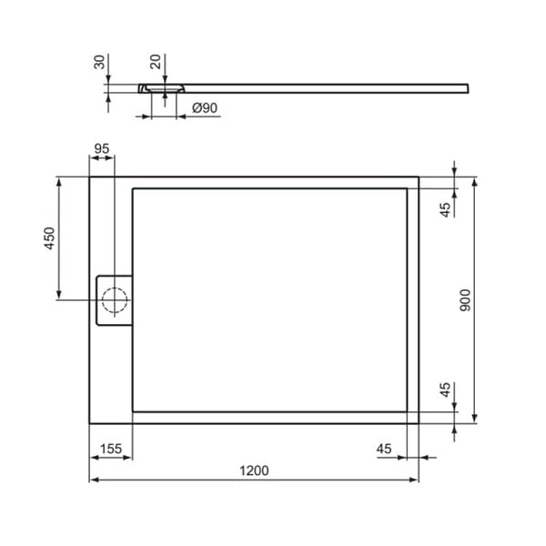 IDEAL STANDARD - Receveur de douche antidérapant Ultra Flat S I.Life recoupable avec bonde largeur 120 x 90 - large