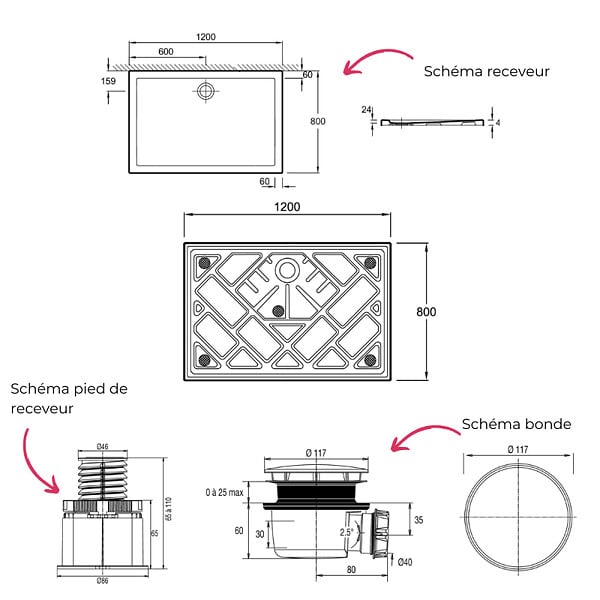 JACOB DELAFON - Receveur de douche 120 x 80 Gaspard extra-plat céramique + Kit de réhausse (5 pieds) + Bonde - large