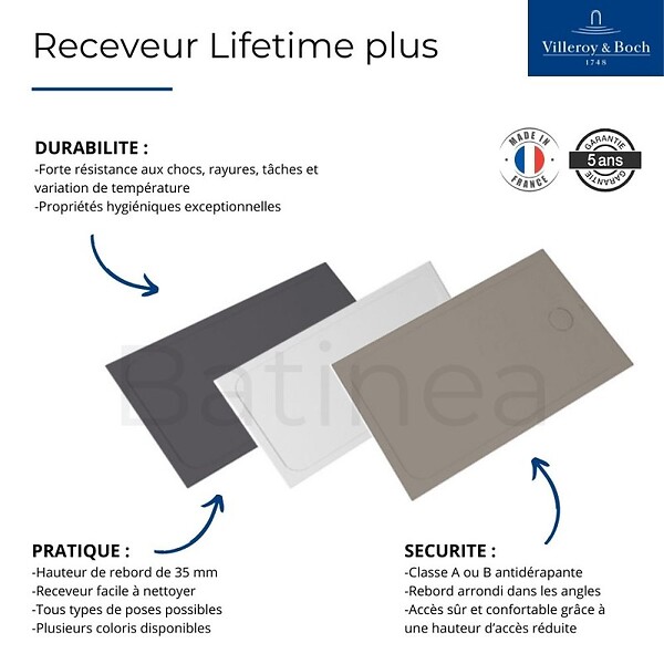 VILLEROY ET BOCH - Receveur de douche antidérapant 100 x 80  Lifetime Plus céramique blanc + Bonde blanc - large