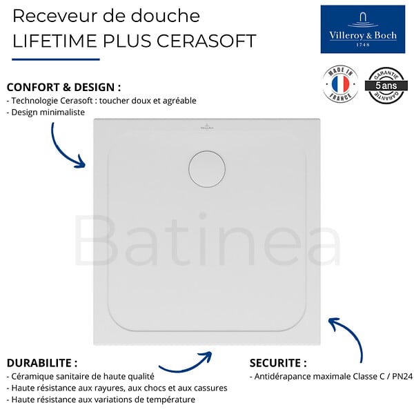 VILLEROY ET BOCH - Receveur de douche antidérapant 90 x 90  Lifetime Plus Cerasoft céramique blanc + Bonde blanc - large