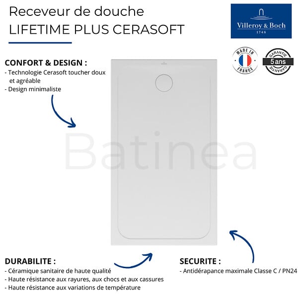 VILLEROY ET BOCH - Receveur de douche antidérapant 140 x 90  Lifetime Plus Cerasoft céramique blanc + Bonde chromé brossé - large