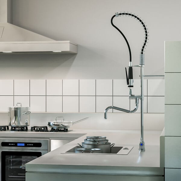 PRESTO - Robinet de cuisine pro sur plage avec douchette et bec de remplissage Chef chrome - large