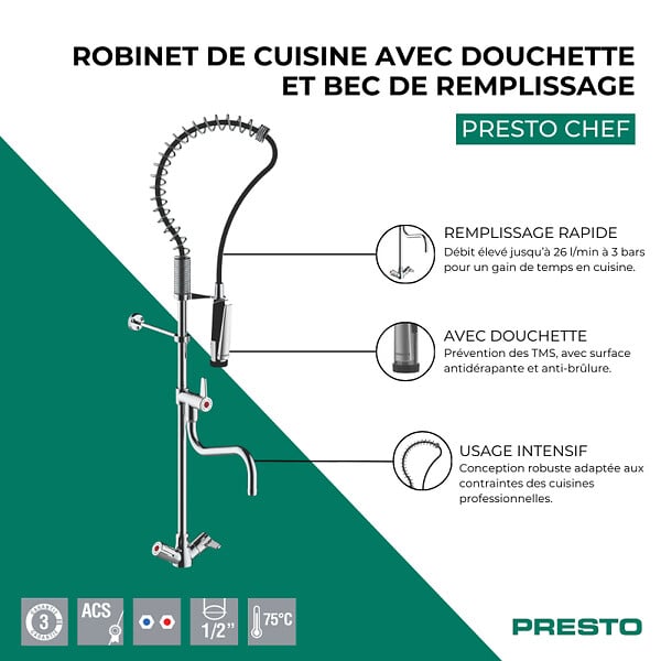 PRESTO - Robinet de cuisine pro sur plage avec douchette et bec de remplissage Chef chrome - large