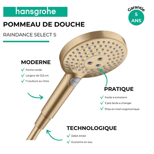 HANSGROHE - Pommeau de douche Raindance Select S EcoSmart 120 3 jets + flexible Designflex 200 cm bronze brossé - large