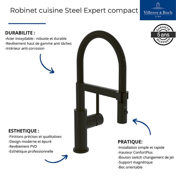 VILLEROY ET BOCH - Robinet cuisine semi-pro  Steel Expert compact window noir mat - large