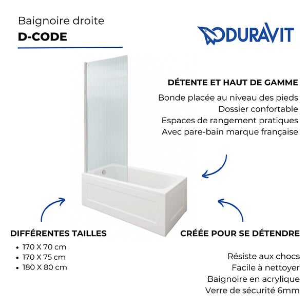 DURAVIT - Baignoire droite D-Code 160 x70 cm + Pare bain droit AURYS Raywall chromé - large
