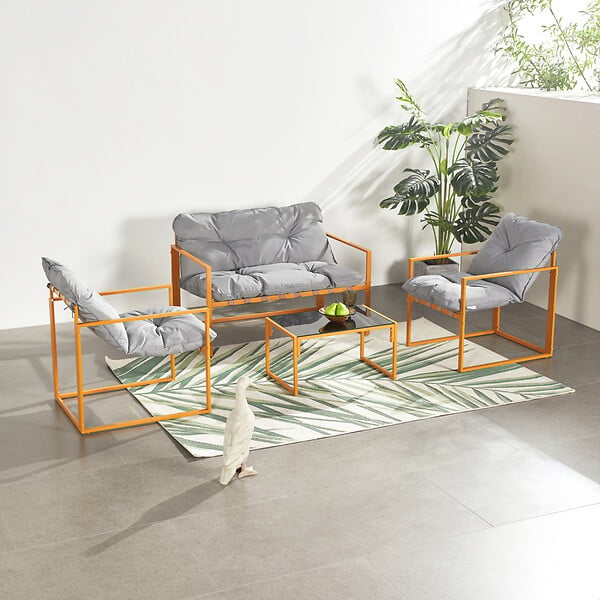 CONCEPT USINE - Salon de jardin 4 places contemporain brun et coussins gris RABAT - large