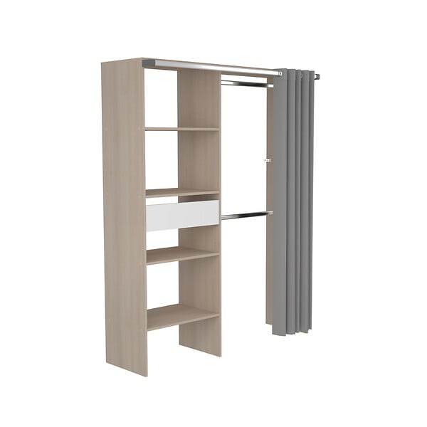 CONCEPT USINE - Dressing avec rideau, 4 étagères, 2 penderies et un tiroir bois et blanc BALI - large