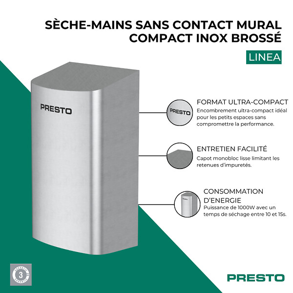 PRESTO - Sèche-mains sans contact mural compact Linea inox brossé - large