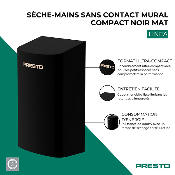 PRESTO - Sèche-mains sans contact mural compact Linea noir mat - large