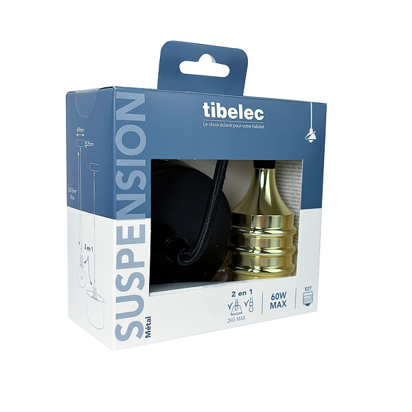 TIBELEC - Monture métal laiton E27 et fil tissu noir - large
