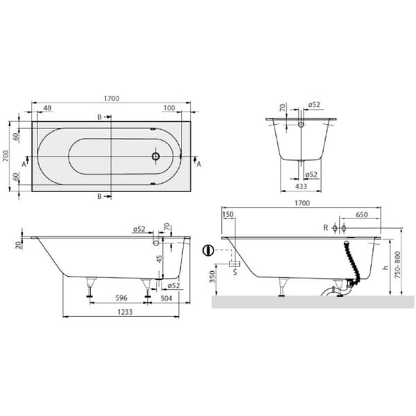 VILLEROY ET BOCH - Villeroy & Boch Oberon 170 x 70 cm Baignoire gauche et droite ovale en Quaryl® , avec pieds, blanc (UBQ177OBE2V-01) - large