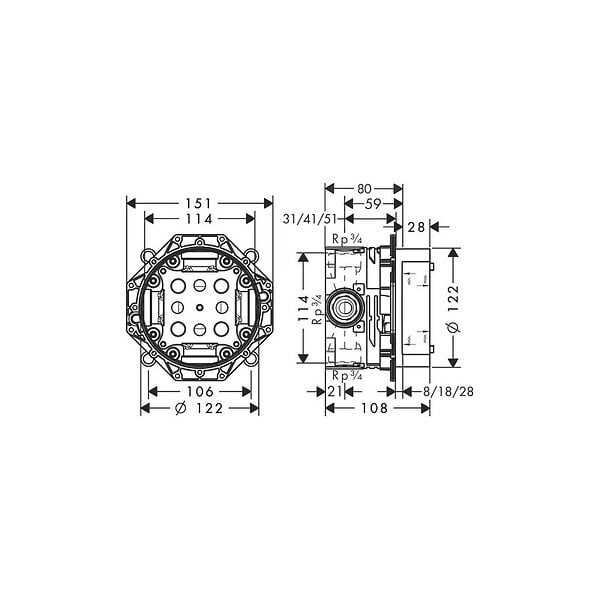 HANSGROHE - Facade pour mitigeur thermostatique encastré Ecostat Square robinet d'arrêt et inverseur noir mat + Corps encastré - large