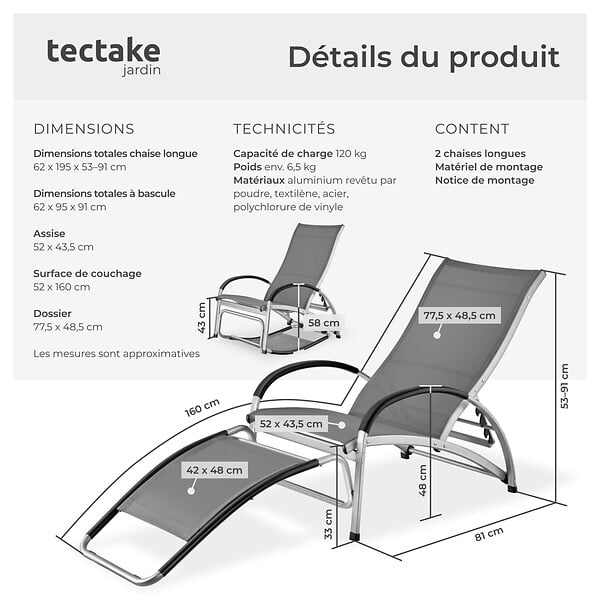 TECTAKE - Chaise longue jardin 2 en 1 transat bain de soleil anthracite textilène aluminium 4 positions inclinable fauteuil bascule 120kg pliable - large