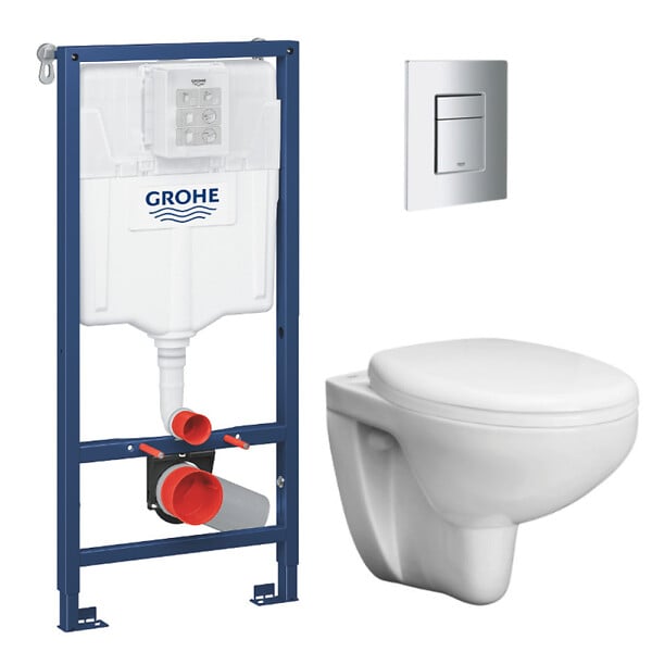 GROHE - Grohe Pack WC Bâti support Grohe Rapid SL + Cuvette sans bride Grohe Bau Ceramic, Blanc + plaque de déclenchement: Chrome (39586000) - large