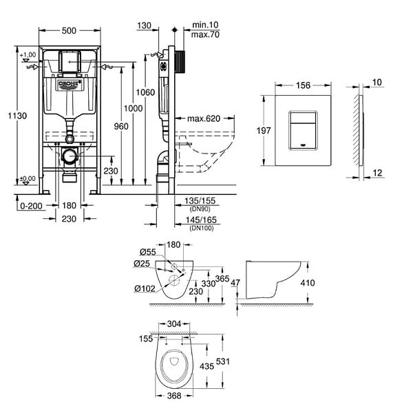 GROHE - Grohe Pack WC Bâti support Grohe Rapid SL + Cuvette sans bride Grohe Bau Ceramic, Blanc + plaque de déclenchement: Chrome (39586000) - large